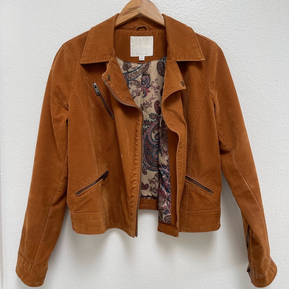 ETT TWA by ANTHROPOLOGIE brown biddle faux suede moto biker jacket